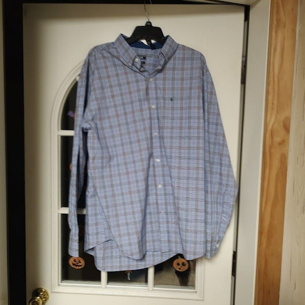 New Izod Blue Plaid Long Sleeve Button Down Shirt Size Men's L